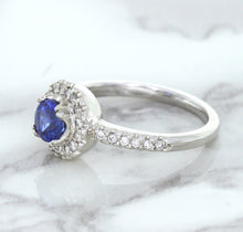 Load image into Gallery viewer, 0.91ct Round Blue Sapphire Ring with Diamond Halo in 14K White Gold