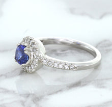 Load image into Gallery viewer, 0.91ct Round Blue Sapphire Ring with Diamond Halo in 14K White Gold