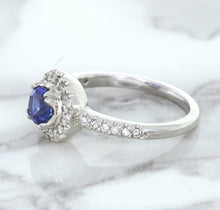 Load image into Gallery viewer, 0.91ct Round Blue Sapphire Ring with Diamond Halo in 14K White Gold