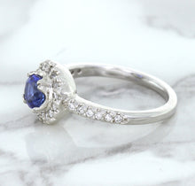 Load image into Gallery viewer, 0.91ct Round Blue Sapphire Ring with Diamond Halo in 14K White Gold
