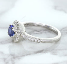 Load image into Gallery viewer, 0.91ct Round Blue Sapphire Ring with Diamond Halo in 14K White Gold