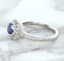 Load image into Gallery viewer, 0.91ct Round Blue Sapphire Ring with Diamond Halo in 14K White Gold