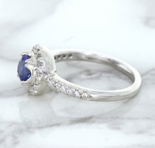 Load image into Gallery viewer, 0.91ct Round Blue Sapphire Ring with Diamond Halo in 14K White Gold