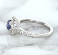 Load image into Gallery viewer, 0.91ct Round Blue Sapphire Ring with Diamond Halo in 14K White Gold