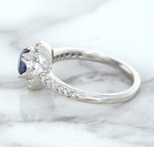 Load image into Gallery viewer, 0.91ct Round Blue Sapphire Ring with Diamond Halo in 14K White Gold