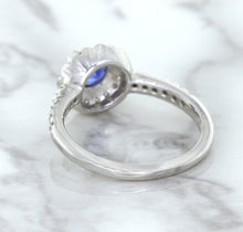 Load image into Gallery viewer, 0.91ct Round Blue Sapphire Ring with Diamond Halo in 14K White Gold