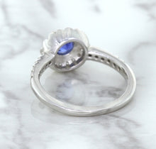 Load image into Gallery viewer, 0.91ct Round Blue Sapphire Ring with Diamond Halo in 14K White Gold