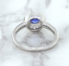 Load image into Gallery viewer, 0.91ct Round Blue Sapphire Ring with Diamond Halo in 14K White Gold