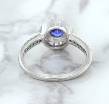 Load image into Gallery viewer, 0.91ct Round Blue Sapphire Ring with Diamond Halo in 14K White Gold