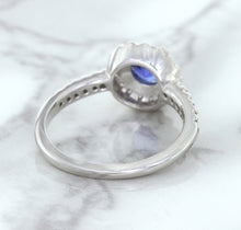 Load image into Gallery viewer, 0.91ct Round Blue Sapphire Ring with Diamond Halo in 14K White Gold