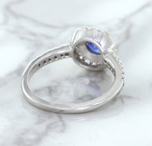 Load image into Gallery viewer, 0.91ct Round Blue Sapphire Ring with Diamond Halo in 14K White Gold