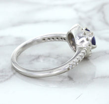 Load image into Gallery viewer, 0.91ct Round Blue Sapphire Ring with Diamond Halo in 14K White Gold