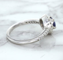 Load image into Gallery viewer, 0.91ct Round Blue Sapphire Ring with Diamond Halo in 14K White Gold