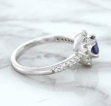 Load image into Gallery viewer, 0.91ct Round Blue Sapphire Ring with Diamond Halo in 14K White Gold