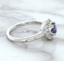 Load image into Gallery viewer, 0.91ct Round Blue Sapphire Ring with Diamond Halo in 14K White Gold