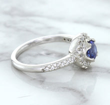 Load image into Gallery viewer, 0.91ct Round Blue Sapphire Ring with Diamond Halo in 14K White Gold