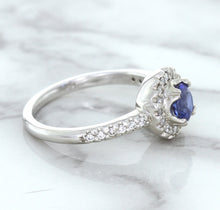 Load image into Gallery viewer, 0.91ct Round Blue Sapphire Ring with Diamond Halo in 14K White Gold