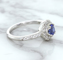Load image into Gallery viewer, 0.91ct Round Blue Sapphire Ring with Diamond Halo in 14K White Gold