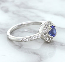 Load image into Gallery viewer, 0.91ct Round Blue Sapphire Ring with Diamond Halo in 14K White Gold