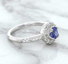 Load image into Gallery viewer, 0.91ct Round Blue Sapphire Ring with Diamond Halo in 14K White Gold