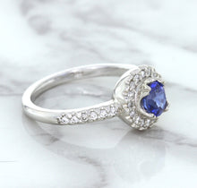 Load image into Gallery viewer, 0.91ct Round Blue Sapphire Ring with Diamond Halo in 14K White Gold
