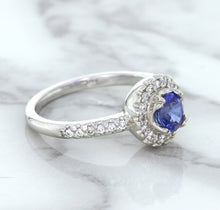 Load image into Gallery viewer, 0.91ct Round Blue Sapphire Ring with Diamond Halo in 14K White Gold