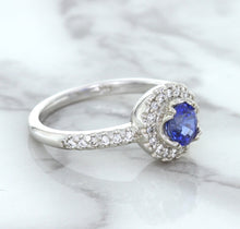 Load image into Gallery viewer, 0.91ct Round Blue Sapphire Ring with Diamond Halo in 14K White Gold