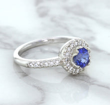 Load image into Gallery viewer, 0.91ct Round Blue Sapphire Ring with Diamond Halo in 14K White Gold