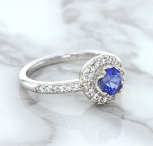 Load image into Gallery viewer, 0.91ct Round Blue Sapphire Ring with Diamond Halo in 14K White Gold