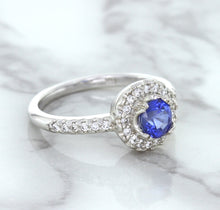 Load image into Gallery viewer, 0.91ct Round Blue Sapphire Ring with Diamond Halo in 14K White Gold