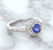 Load image into Gallery viewer, 0.91ct Round Blue Sapphire Ring with Diamond Halo in 14K White Gold