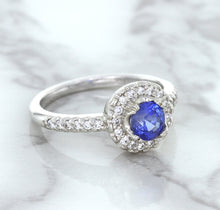 Load image into Gallery viewer, 0.91ct Round Blue Sapphire Ring with Diamond Halo in 14K White Gold