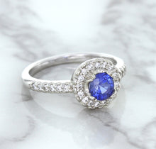 Load image into Gallery viewer, 0.91ct Round Blue Sapphire Ring with Diamond Halo in 14K White Gold