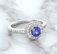 Load image into Gallery viewer, 0.91ct Round Blue Sapphire Ring with Diamond Halo in 14K White Gold