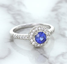 Load image into Gallery viewer, 0.91ct Round Blue Sapphire Ring with Diamond Halo in 14K White Gold