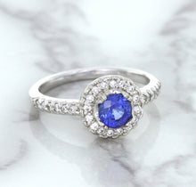 Load image into Gallery viewer, 0.91ct Round Blue Sapphire Ring with Diamond Halo in 14K White Gold