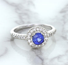 Load image into Gallery viewer, 0.91ct Round Blue Sapphire Ring with Diamond Halo in 14K White Gold