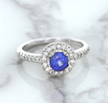 Load image into Gallery viewer, 0.91ct Round Blue Sapphire Ring with Diamond Halo in 14K White Gold