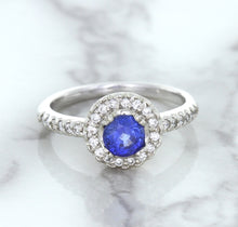 Load image into Gallery viewer, 0.91ct Round Blue Sapphire Ring with Diamond Halo in 14K White Gold
