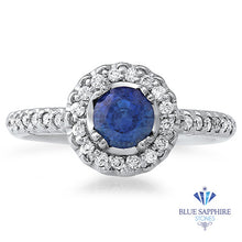 Load image into Gallery viewer, 0.91ct Round Blue Sapphire Ring with Diamond Halo in 14K White Gold