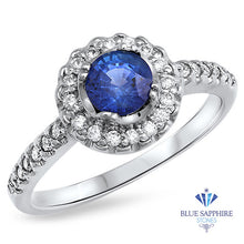 Load image into Gallery viewer, 0.91ct Round Blue Sapphire Ring with Diamond Halo in 14K White Gold