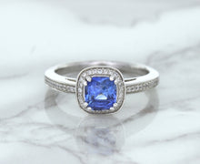 Load image into Gallery viewer, 1.36ct Cushion Blue Sapphire Ring with Diamond Halo in 14K White Gold