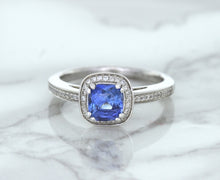 Load image into Gallery viewer, 1.36ct Cushion Blue Sapphire Ring with Diamond Halo in 14K White Gold