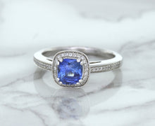 Load image into Gallery viewer, 1.36ct Cushion Blue Sapphire Ring with Diamond Halo in 14K White Gold