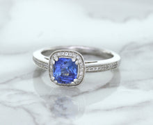 Load image into Gallery viewer, 1.36ct Cushion Blue Sapphire Ring with Diamond Halo in 14K White Gold