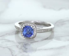 Load image into Gallery viewer, 1.36ct Cushion Blue Sapphire Ring with Diamond Halo in 14K White Gold