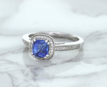 Load image into Gallery viewer, 1.36ct Cushion Blue Sapphire Ring with Diamond Halo in 14K White Gold