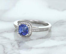 Load image into Gallery viewer, 1.36ct Cushion Blue Sapphire Ring with Diamond Halo in 14K White Gold