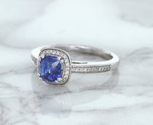 Load image into Gallery viewer, 1.36ct Cushion Blue Sapphire Ring with Diamond Halo in 14K White Gold