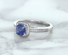 Load image into Gallery viewer, 1.36ct Cushion Blue Sapphire Ring with Diamond Halo in 14K White Gold